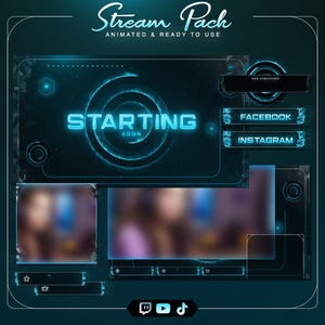 Op de afbeelding: Een digitale stream overlay set met een donkergroen thema en lichtgevende blauwe neon accenten. Onderdelen zijn een 'STARTING SOON' scherm, knoppen voor Facebook en Instagram, een abonneebalk en iconen voor Twitch, YouTube en TikTok.