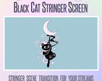 May include: A digital graphic featuring a black cat wearing a Santa hat, hanging from a crescent moon. The text reads "Black Cat Stringer Screen" and "Stringer Scene Transition for Your Streams". The background is a light blue gradient.