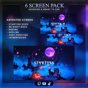 May include: A digital art pack with six animated screens for streaming. The screens feature a Halloween theme with a purple moon, pumpkins, black cats, and tombstones. Text includes "Starting Soon," "Be Right Back," and "Offline."
