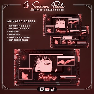 Könnte beinhalten: Ein Screen-Pack mit animierten Bildschirmen für Streaming. Die Bildschirme zeigen Illustrationen im Anime-Stil in Rot und Weiß mit Text wie "Starting Soon", "Be Right Back" und "Stream is Offline". Enthält Social-Media-Symbole.