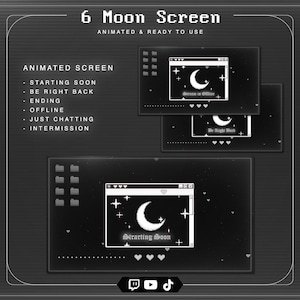 Op de afbeelding: Een set van zes geanimeerde schermen voor streaming met een maan- en sterrenthema in zwart-wit. De tekst bevat 6 Moon Screen, Starting Soon, Be Right Back, Ending, Offline, Just Chatting en Intermission met gepixelde vensterafbeeldingen.
