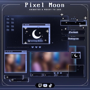 Animated Blue Pixel Moon Stream Overlay | Retro OS Aesthetic | Full Twitch Stream Package | OBS Streamlabs | Kawaii Vtuber Assets
