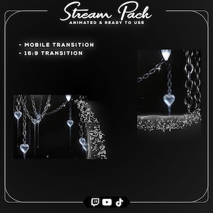 High-quality animated Gothic Silver Chrome Heart Twitch overlay showcasing metallic textures, elegant chain details, cyber aesthetics, and premium streaming graphics.