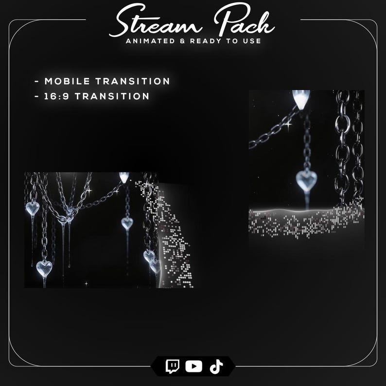 High-quality animated Gothic Silver Chrome Heart Twitch overlay showcasing metallic textures, elegant chain details, cyber aesthetics, and premium streaming graphics.