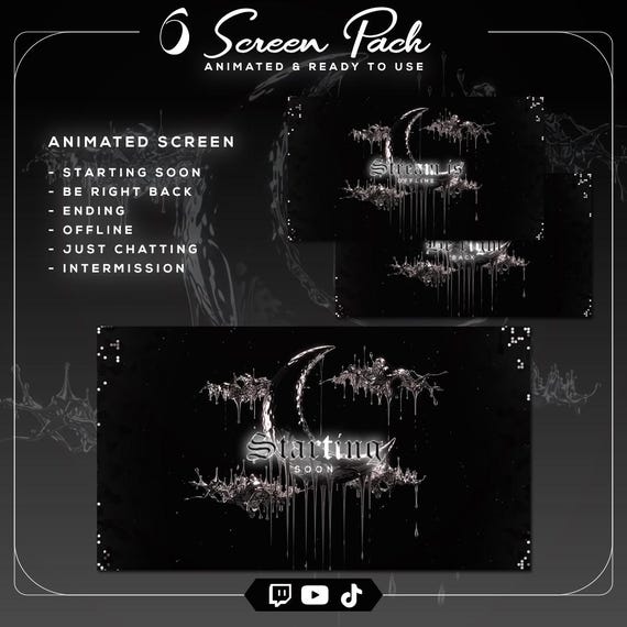 Chrome Moon Y2K Goth Stream Screen Pack | 6 Animated Twitch Starting Soon BRB Offline Scene | Dark Celestial VTuber Overlay | OBS Streamlabs