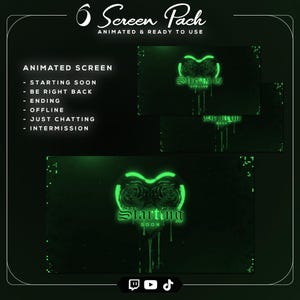 Könnte beinhalten: Ein dunkelgrünes animiertes Screen-Pack mit einem herzförmigen Design mit Rosen und dem Text "Starting Soon". Das Pack enthält Bildschirme für "Starting Soon", "Be Right Back", "Ending", "Offline", "Just Chatting" und "Intermission".