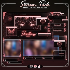 Könnte beinhalten: Ein digitales Stream-Pack-Design in Dunkelrosa und Schwarz. Das Design umfasst animierte Elemente wie einen Schmetterling, Augen und Social-Media-Symbole. Der Text enthält "Stream Pack" und "Starting Soon".