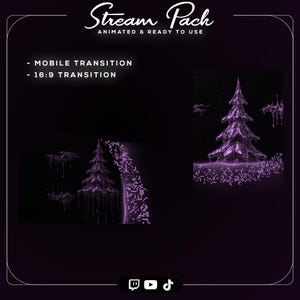 May include: A digital graphic with a dark purple background features a stylized purple Christmas tree and other animated elements. The text "Stream Pack" and "Animated & Ready to Use" are at the top. Additional text indicates "Mobile Transition" and "16:9 Transition".