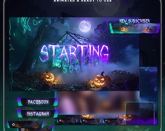 Halloween Twitch Overlay Pack, Neon Gothic Greenhouse Animated Stream Overlay, Screens Alerts Panels, OBS Streamlabs Kick VTuber