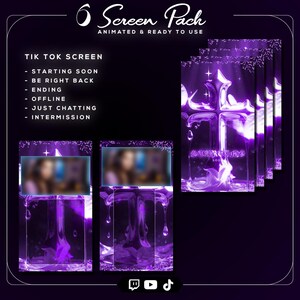 May include: A digital pack of six animated TikTok screens. The screens are in shades of purple with a liquid design. Text on the screens includes "Starting Soon," "Be Right Back," and "Just Chatting."