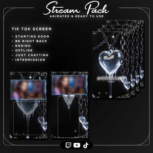 Animated stream screens including Starting Soon, Be Right Back, Just Chatting, and Stream Ending with metallic silver chrome heart aesthetics.