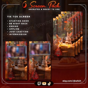 May include: A digital screen pack with animated screens for Twitch and TikTok. The screens include "Starting Soon", "Be Right Back", "Ending", "Offline", "Just Chatting", and "Intermission". The design features a squirrel and rabbit in a cafe setting. The text "6 Screen Pack" is at the top.