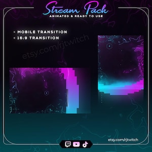 Puede incluir: Diseño gráfico digital para streaming, con un fondo oscuro y acentos neón azules y morados. El texto dice "Stream Pack" y "Animated & Ready to Use". Incluye opciones de transición móvil y 16:9. etsy.com/rjtwitch.