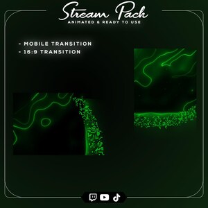 Könnte beinhalten: Dunkelgrüne Grafik mit dem Text "Stream Pack" und "Animated & Ready to Use". Das Bild enthält grüne animierte Linien und ein Rastermuster mit dem Text "Mobile Transition" und "16:9 Transition". Social-Media-Symbole befinden sich unten.