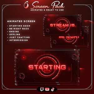 May include: A digital pack of six animated screens for streaming, featuring a dark red theme with glowing red text and circular graphic elements. The text includes Starting Soon, Be Right Back, Ending, Offline, Just Chatting, and Intermission.