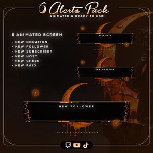 Peut inclure: Graphique de pack d'alertes animées marron foncé et orange. Le texte indique "6 Alerts Pack" et "Animated & Ready to Use". Le pack comprend des écrans animés pour les nouveaux dons, abonnés, hôtes, encouragements et raids.