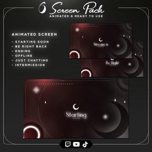 Puede incluir: Un paquete de arte digital con pantallas animadas para streaming. Las pantallas tienen un esquema de color rojo oscuro y negro con diseños de luna creciente y estrellas. El texto incluye "Starting Soon", "Be Right Back" y "Stream is".