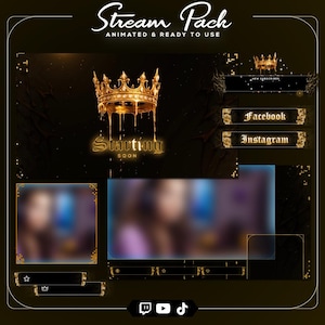 Op de afbeelding: Een digitaal streaming overlay-pakket met een gouden kroon en de woorden "Starting Soon". Het ontwerp bevat social media knoppen voor Facebook en Instagram, en een sectie voor nieuwe abonnees. Het algemene thema is een donker, elegant ontwerp.