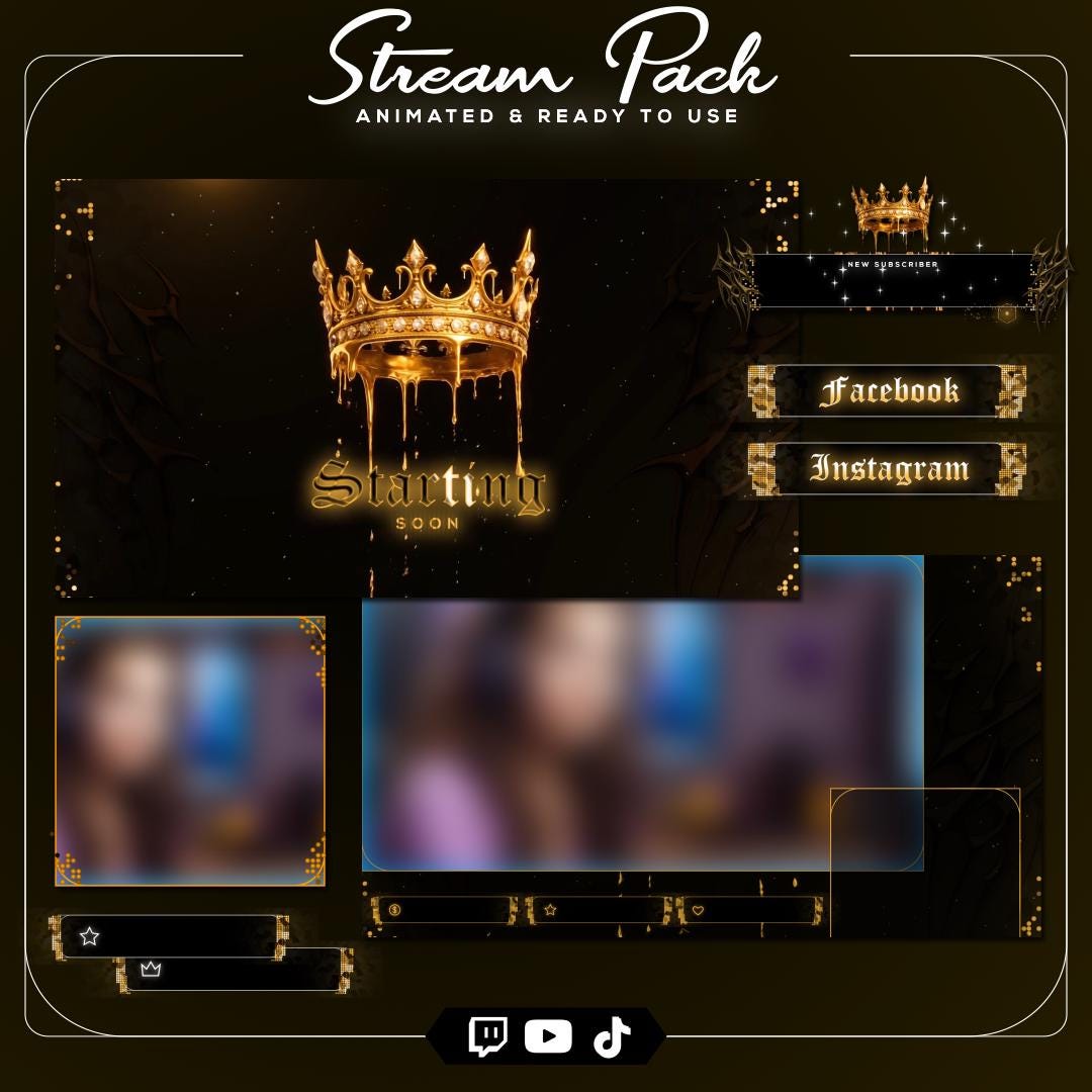 Gold Crown Twitch Overlay Pack Animated, Luxury Royal Stream Overlay ...