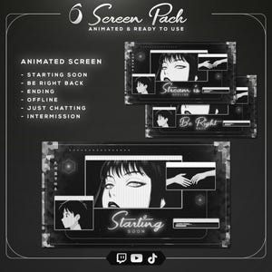May include: A black and white graphic design pack for animated screens, featuring anime-style illustrations. The pack includes screens for "Starting Soon," "Be Right Back," "Ending," "Offline," "Just Chatting," and "Intermission."