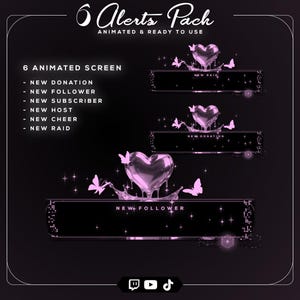 Op de afbeelding: Een digitaal grafisch pakket met geanimeerde schermen voor streaming. Het ontwerp heeft een zwarte achtergrond met roze accenten, waaronder harten, vlinders en sprankelende effecten. Tekst bevat "6 Alerts Pack" en meldingstypen.