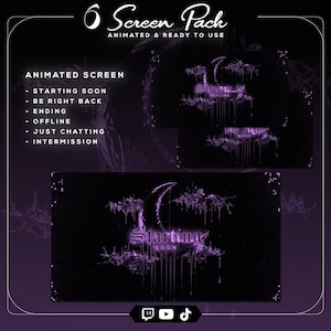 May include: A black and purple animated screen pack for streaming, featuring a crescent moon and the text "Starting Soon." Other screens include "Be Right Back," "Ending," "Offline," "Just Chatting," and "Intermission."