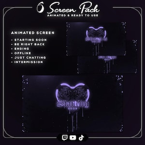 May include: A dark purple animated screen pack with a heart-shaped design featuring roses and the text "Starting Soon." The pack includes screens for "Be Right Back," "Ending," "Offline," "Just Chatting," and "Intermission."