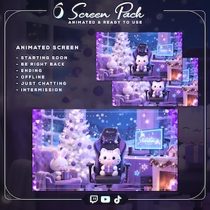 May include: A digital art pack featuring animated screens for streaming. The screens have a winter theme with a Christmas tree, a fireplace, and cute characters. Text includes "Starting Soon", "Be Right Back", "Ending", "Offline", "Just Chatting", and "Intermission".
