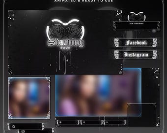 May include: A black and white animated stream pack with a heart-shaped design featuring roses and the text "Starting Soon." Includes social media buttons for Facebook and Instagram, and a section for new subscribers.