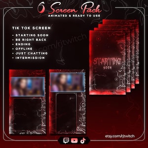 May include: A digital screen pack with a red and black theme, designed for use on TikTok. The pack includes animated screens for various statuses, such as "Starting Soon," "Be Right Back," and "Offline." The text is in white, with a decorative, abstract design.