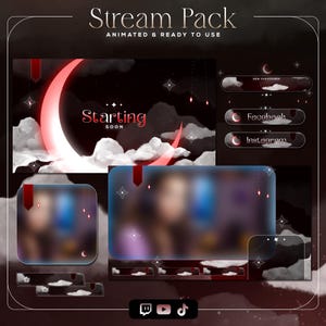 Könnte beinhalten: Ein digitales Stream-Paket mit einem dunkelroten und schwarzen Thema. Das Design umfasst einen Halbmond, Wolken und Sterne. Der Text enthält "Stream Pack" und Social-Media-Symbole für Twitch, YouTube und TikTok. Animiert und einsatzbereit.