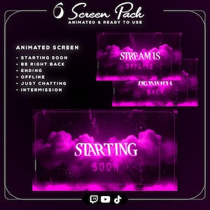 Puede incluir: Un paquete digital de pantallas animadas con un fondo oscuro y acentos rosa neón. El paquete incluye pantallas para "Starting Soon", "Be Right Back" y "Offline". El texto es blanco, con un diseño de nubes.
