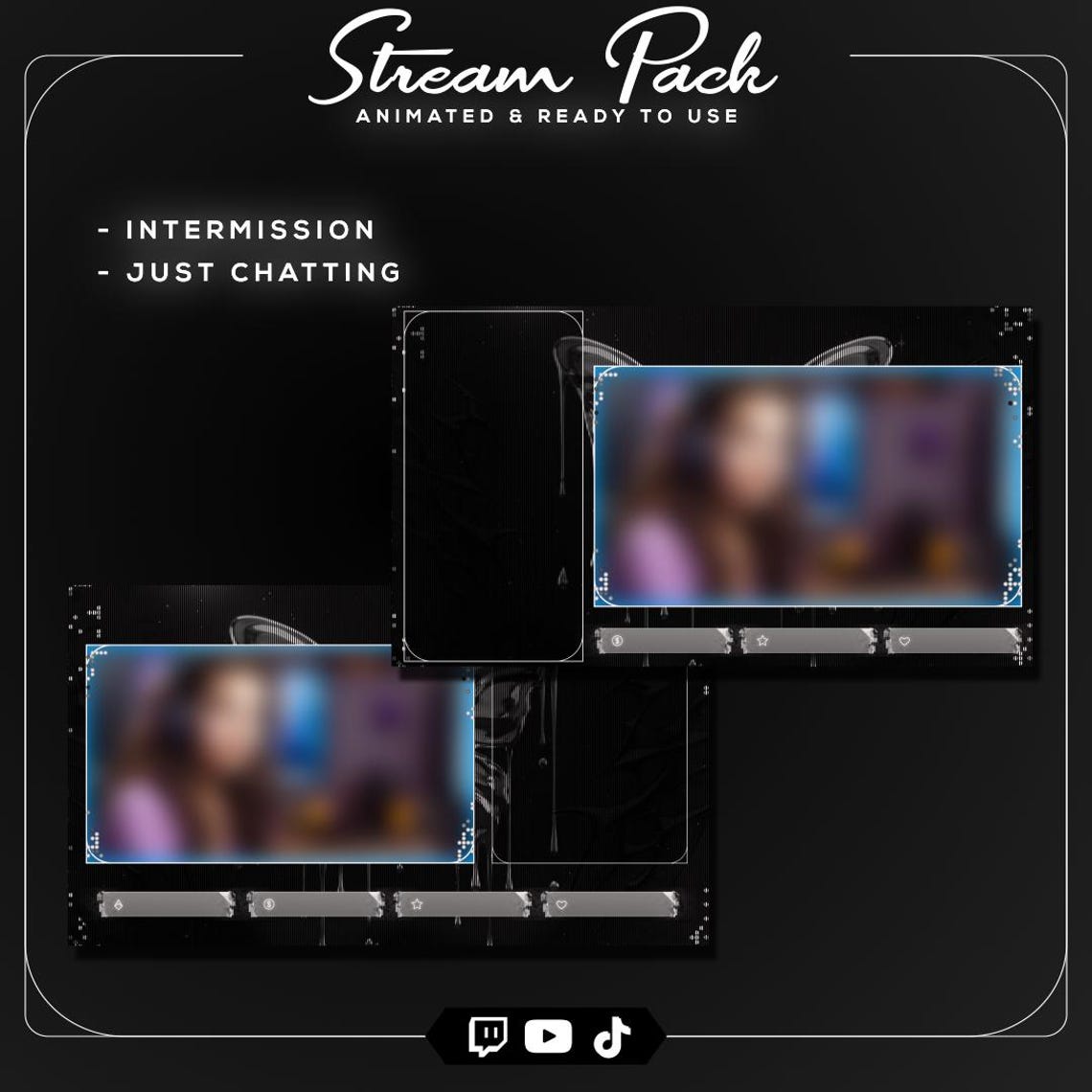 Dark Silver Chrome Stream Overlay Pack, Animated Y2K Twitch Overlay ...