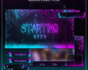 Animowany pakiet transmisji Cyberpunk Neon | Zestaw nakładek Twitch i OBS z ekranami, alertami, kamerą internetową i panelami | Futurystyczny branding Synthwave