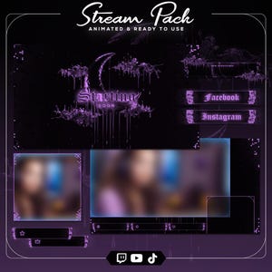Puede incluir: Un diseño de Stream Pack en morado oscuro y negro con elementos animados. El diseño incluye una luna creciente, detalles goteantes y botones de redes sociales para Facebook e Instagram. También se ven las palabras "Starting Soon".