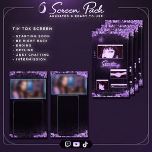 May include: A purple screen pack with animated designs for TikTok. The pack includes six screens with various designs, including "Starting Soon," "Be Right Back," and "Offline." The screens feature anime-style graphics and a dark purple background.