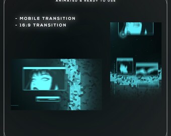 May include: A teal graphic with the text "Stream Pack" and "Animated & Ready to Use." The image includes animated transitions for mobile and 16:9 formats, featuring a woman's face in a digital display. Social media icons are at the bottom.