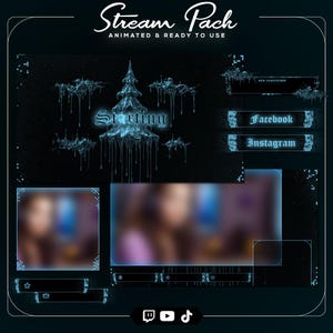Könnte beinhalten: Ein dunkelblaues, animiertes Stream-Paket mit Winterthema. Das Paket enthält animierte Overlays, Social-Media-Buttons und einen "Starting Soon"-Bildschirm. Das Design zeigt eisblaue Akzente und einen stilisierten Weihnachtsbaum.