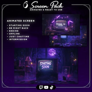 May include: A digital pack of six animated screens for streaming, featuring a dark, purple-toned room with a vintage television displaying text like Starting Soon, Be Right Back, Ending, Offline, Just Chatting, and Intermission in a spooky style.