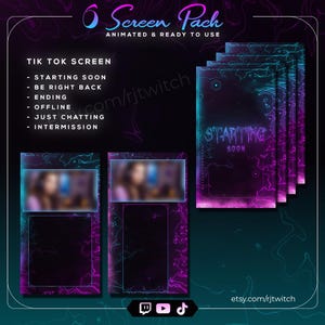 May include: A digital screen pack for streaming platforms, featuring a vibrant neon purple and blue design. The pack includes animated screens with options such as 'Starting Soon' and 'Be Right Back'. The text 'Screen Pack' and 'Animated & Ready to Use' are displayed.