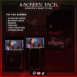 6 Vertical Gothic Bat TikTok Stream Screens | Animated Red Bat Mobile Overlay Pack | Starting Soon, BRB, Chatting, Offline, Ending