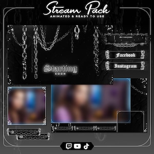 May include: A black and white animated stream pack with a gothic theme. The pack includes overlays with chain accents, social media buttons, and a "Starting Soon" screen. The design is ready to use and features a dark, elegant aesthetic.