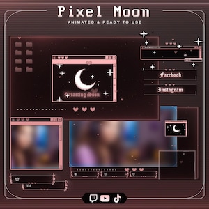 Pixel Moon Stream Overlay Bundle | Retro Cozy Twitch Pack | Animated 8-Bit VTuber Graphics | OBS Streamlabs TikTok | Lofi Gamer Streamer Kit