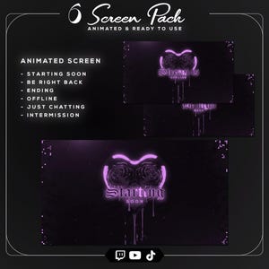 May include: A digital screen pack with animated screens for streaming. The screens feature a heart-shaped design with roses and the text "Starting Soon" in a gothic font, all in a neon purple glow against a black background.
