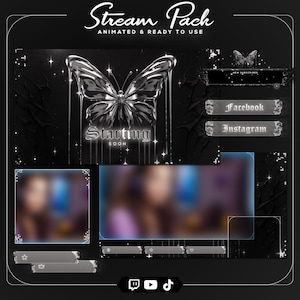 May include: A black and silver Stream Pack design with a butterfly graphic. The design includes animated elements and is ready to use. The words "Starting Soon" are displayed. Social media icons and a "New Subscribers" banner are also included.