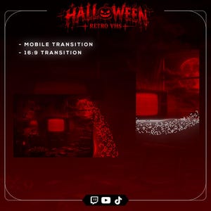 May include: A digital graphic titled HALLOWEEN RETRO VHS featuring two red-toned video transition previews. The text reads MOBILE TRANSITION and 16:9 TRANSITION. Below are icons for Twitch, YouTube, and TikTok on a black background with red accents.