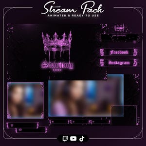 Könnte beinhalten: Ein digitales Streaming-Overlay-Paket mit einem dunkelvioletten und schwarzen Farbschema. Das Design umfasst eine Kronengrafik, Social-Media-Buttons und einen Bereich für einen Webcam-Feed. Text enthält "Stream Pack" und "Starting Soon".