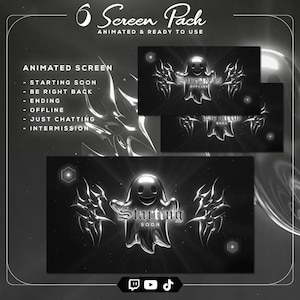 May include: A black and white animated screen pack for streaming, featuring a smiling ghost design with the text "Starting Soon". The pack includes screens for "Be Right Back", "Ending", "Offline", "Just Chatting", and "Intermission".