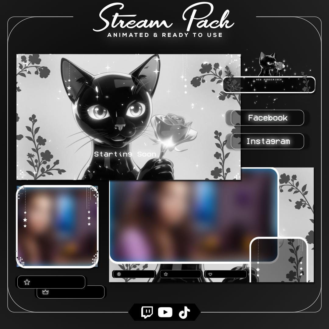 Cat Sticker Overlay Black White Cat Stream Overlay Bundle | Dark Minimal Twitch Pack ...