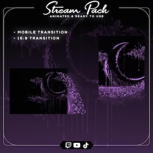 Może przedstawiać: Grafika cyfrowa z ciemnofioletowym tłem z tekstem "Stream Pack" i "Animated & Ready to Use". Obraz przedstawia animowane przejścia, w tym wzór półksiężyca z efektami kapania oraz tekst "Mobile Transition" i "16:9 Transition."